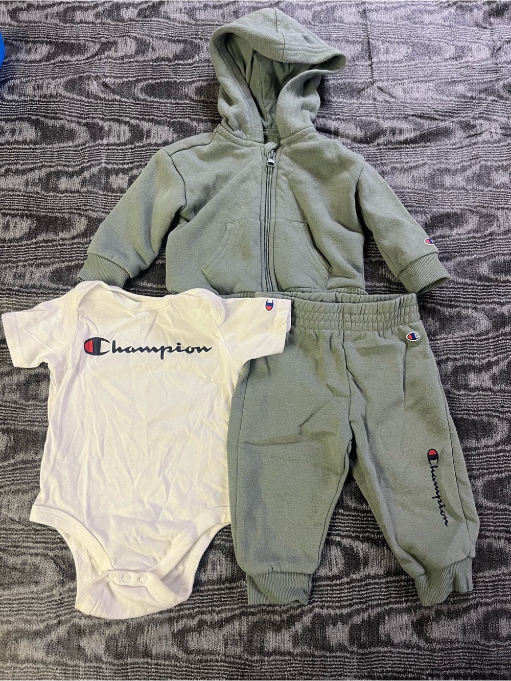 Champion baby Sage Green Hooded Sweatshirt & Jogger Set with White Logo Bodysuit